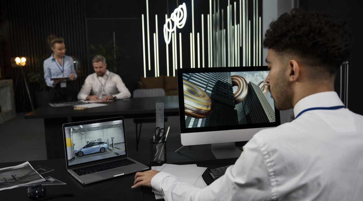 O Futuro da Segurança Privada: Integração e Inteligência Estratégica 1 pessoas de tiro medio trabalhando com dispositivos